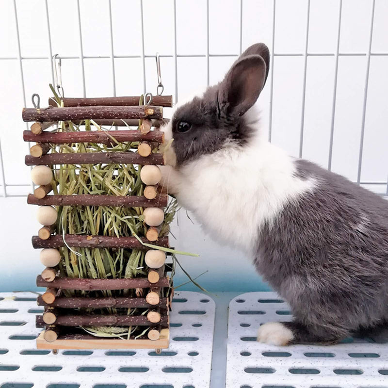 Apple Wood Rabbit Hay Feeder Standing Rack- Hangable Wooden Grass Shelf with 2 Hooks Biting Resistant Small Animals Feeding Hay Manager for Chinchilla Bunny Guinea Pig Hamster Gerbil Holiday Presents - PawsPlanet Australia