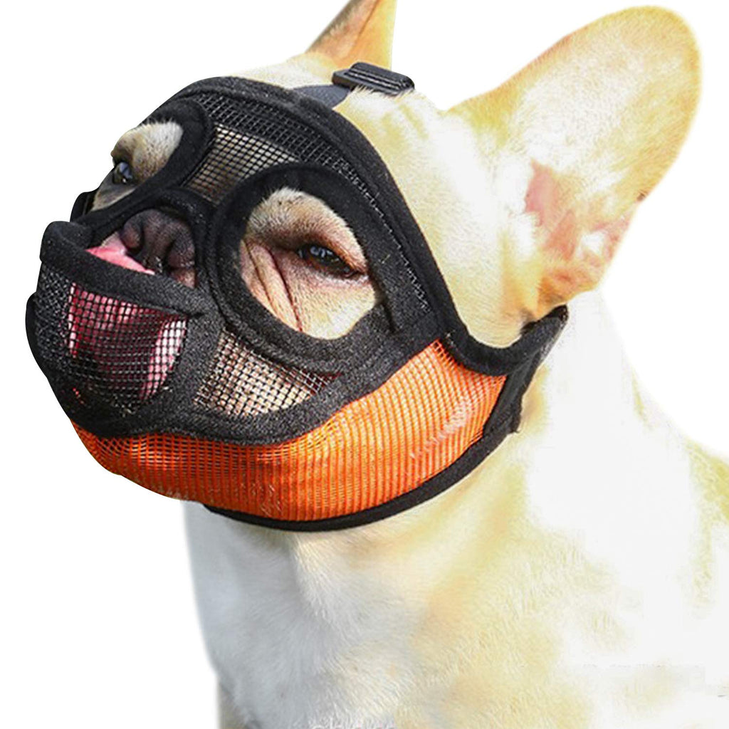 YUESEN Short Snout Dog Muzzle - Adjustable Breathable Mesh Bulldog Muzzle with Tongue Out Design for Barking Biting Chewing Training XS Orange - PawsPlanet Australia