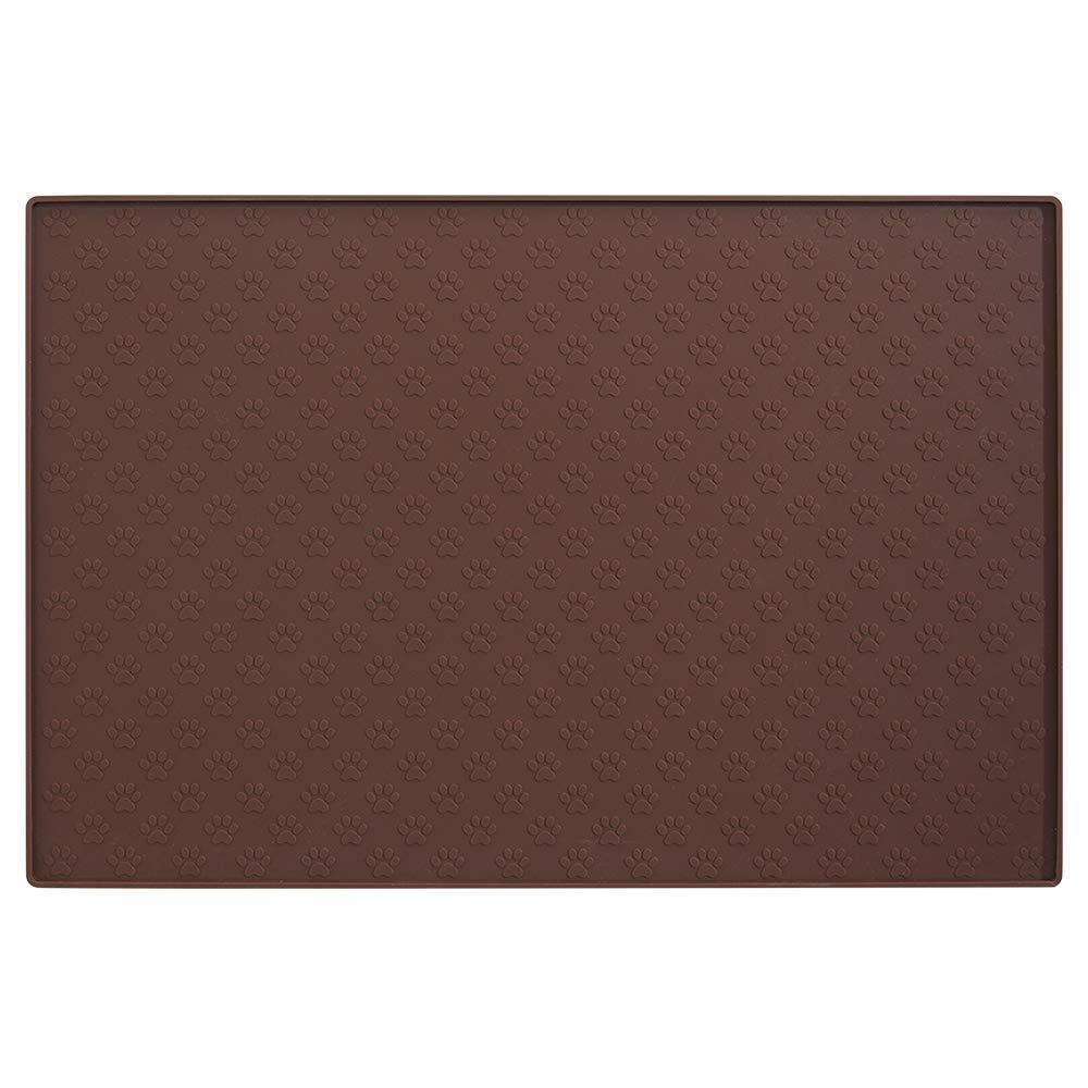 MIGHTY MONKEY Premium Silicone Pet Feeding Mat, Waterproof Pets Placemat, Raised Edges, Paw Print Patterned Food Tray Mats, Dishwasher Safe, Prevent Food and Water Bowl Spills on Floor 24x16 Inch (Pack of 1) Brown - PawsPlanet Australia