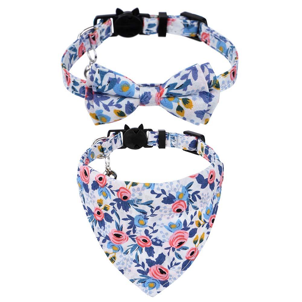 chede 2/1 Pack Cat Collar Breakaway with Bell Bowtie，Classic Design,Adjustable Safety Kitty Kitten Collars(7.5"-10.8") Blue flower Collar+Bandana - PawsPlanet Australia