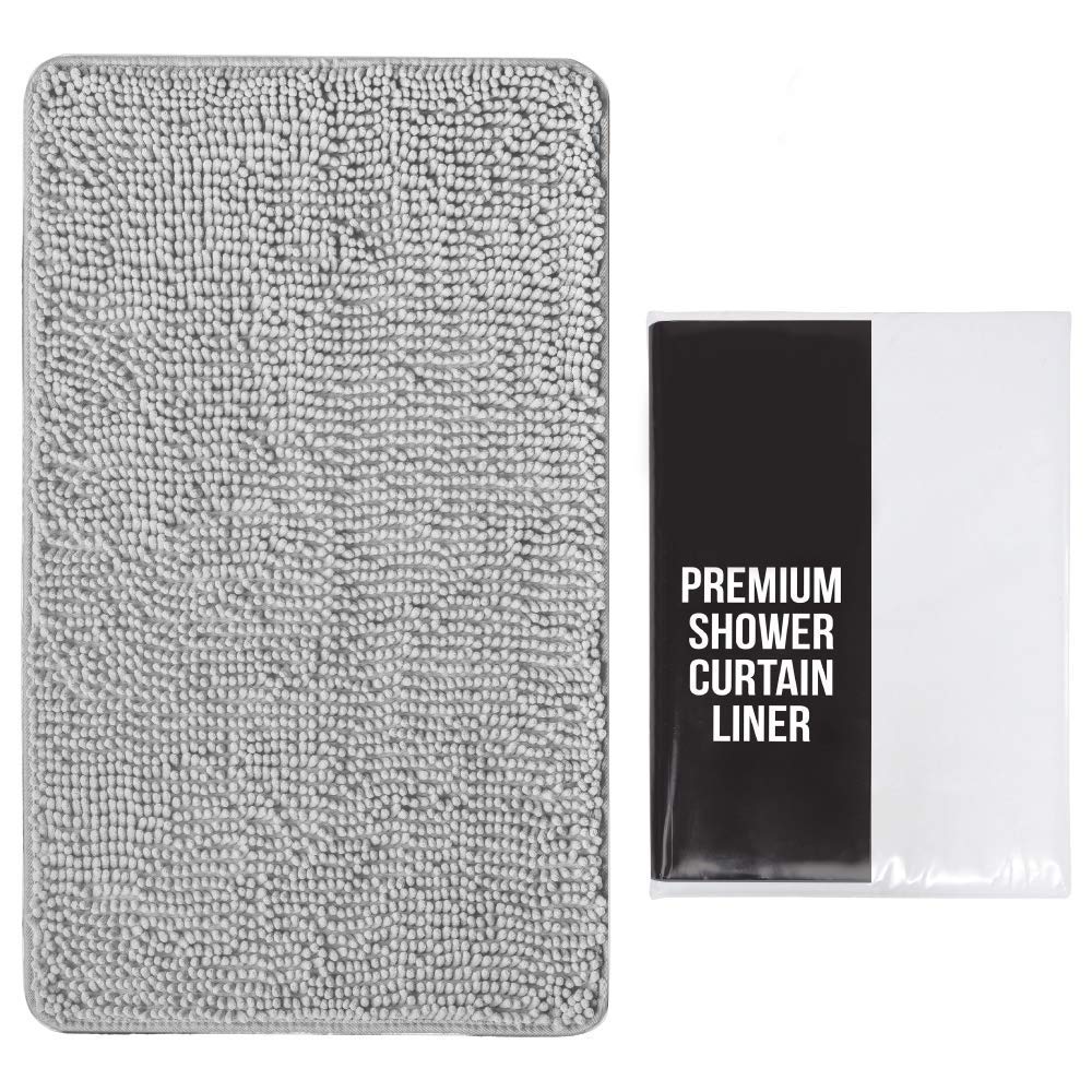 Gorilla Grip Chenille Bath Rug and Shower Curtain, PEVA, Bath Rug Size 24x17 in Light Gray, and Shower Curtain 72x72 in Clear, 2 Item Bundle - PawsPlanet Australia
