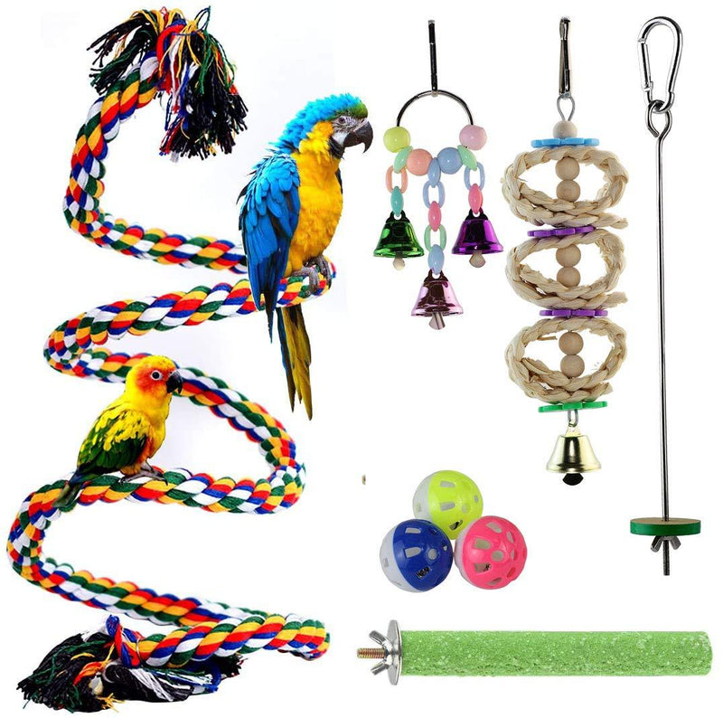 ACEONE 8 Pack Bird Perch Stand Rope Toys, Parrot Chewing Hanging Bell Bird Cage Toy for Small Parakeets, Conures, Love Birds, Cockatiels, Macaws, Finches - PawsPlanet Australia