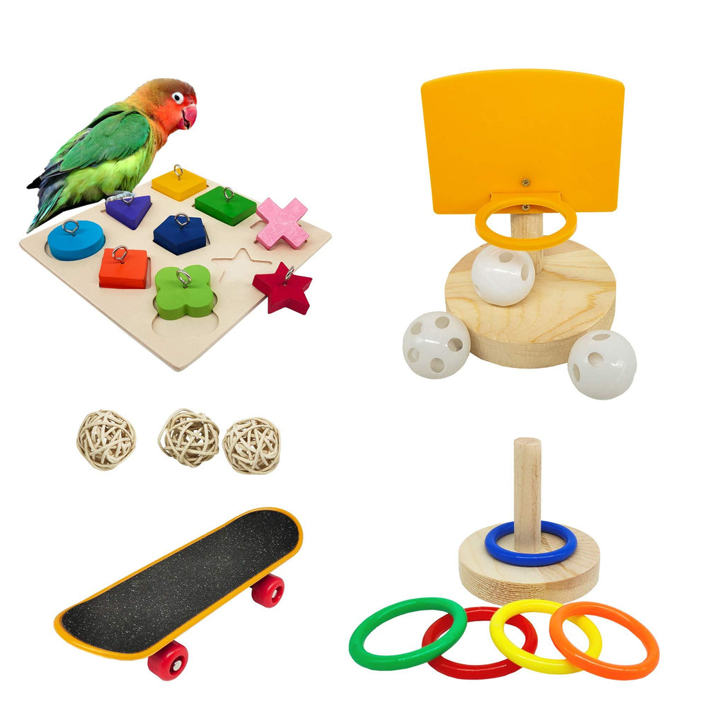 Bird Toys For Parakeets,5pcs Parrot Toys Set （Include Bird Basketball Toy、Bird Skateboard、Bird Stacking Toy、Parrot Wooden Block Puzzles Toy、Small Sepak Takraw）,Parakeet Toys、For Bird Training Toys - PawsPlanet Australia