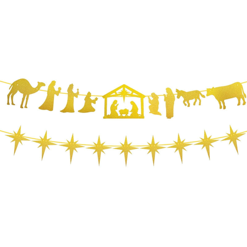 Gold Glittery Nativity Scenes Banner,Nativity Scenes for Christmas Indoor, Holy Family Nativity Scene,Christmas Holiday Xmas Decorations,Farmhouse Home Office Party Fireplace Mantle Home Decorations - PawsPlanet Australia