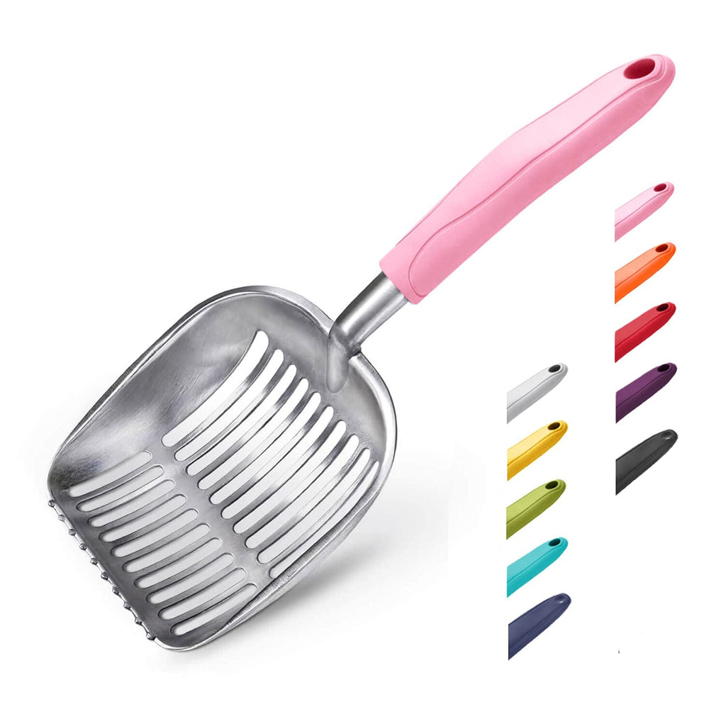 WePet Cat Litter Scoop, Aluminum Alloy Sifter, Kitty Metal Scooper, Deep Shovel, Long Handle, Poop Sifting, Kitten Pooper Lifter, Durable, Heavy Duty, for Litter Box, Flat Aluminum with Pink Handle - PawsPlanet Australia