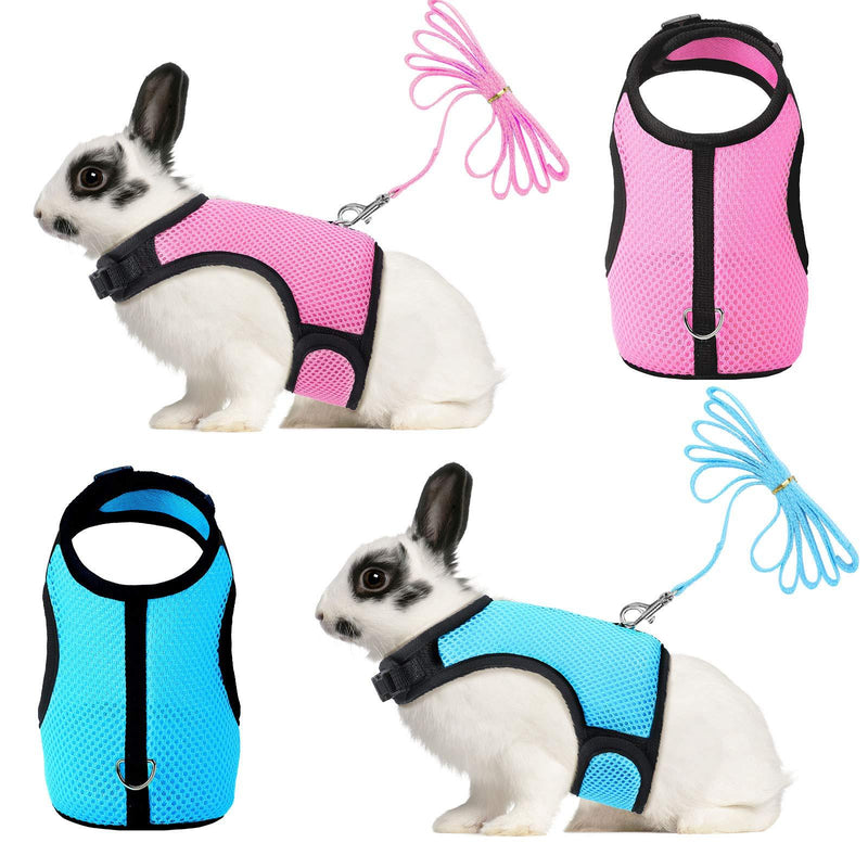 2 Pieces Bunny Rabbit Harness with Leash Cute Adjustable Buckle Breathable Mesh Vest for Kitten Puppy Small Pets Walking (Blue, Pink,L) Large (2 Count) Blue, Pink - PawsPlanet Australia