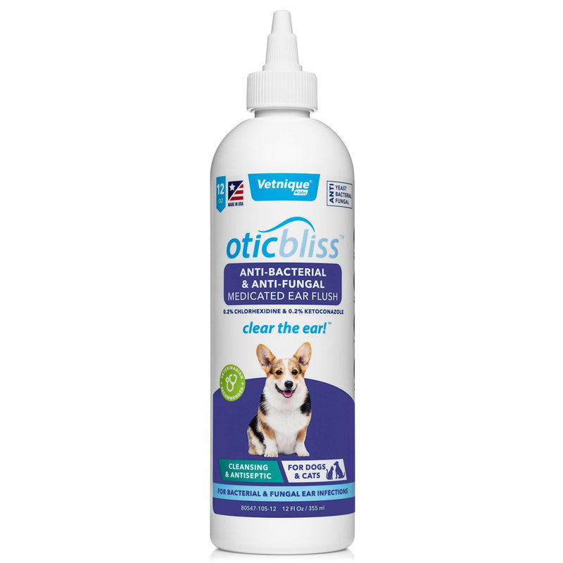 VETNIQUE LABS Oticbliss Anti-Bacterial & Anti-Fungal Medicated Ear Flush for Dogs & Cats and Pets with Itchy, Irritated and Smelly Ears, Contains Soothing Aloe Vera, Clear The Ear 12 Fl Oz - PawsPlanet Australia