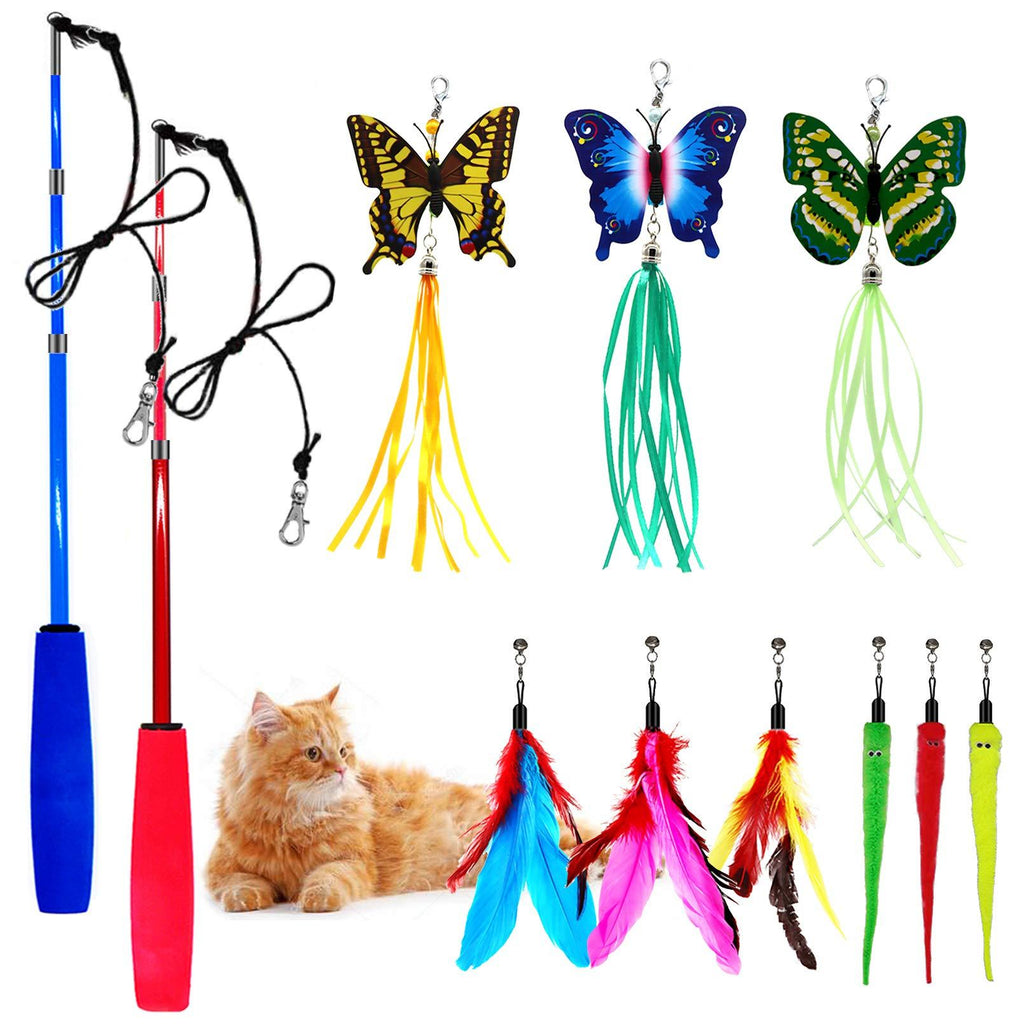 OODOSI 11 PCS Retractable Cat Feather Toy, Interactive Cat Toys Wand with 2 Poles & 9 Attachments Worm Feathers, Cat Feather Teaser Wand Toy for Kitten Cat - PawsPlanet Australia