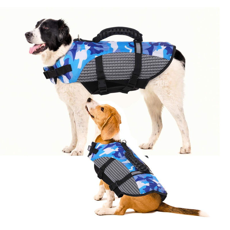 Camo Dog Life Jacket Pet Safety Vest Coat, Rescue Handle Reflective Adjustable Puppy Lifesaver Preserver, Ripstop Safety Swimsuit for Small to Large Dog in Pool Beach Lake Kayak Boat Swimming Surfing X-Small Blue - PawsPlanet Australia