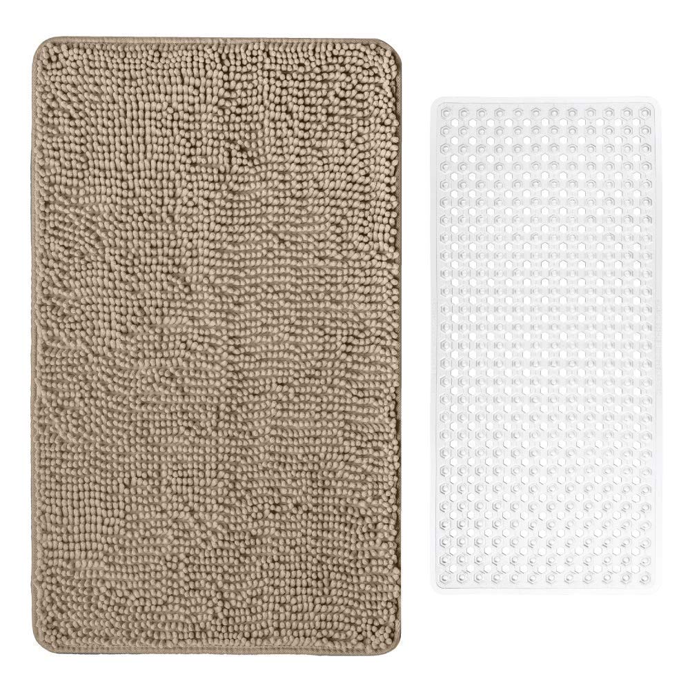 Gorilla Grip Chenille Bath Rug and Bath Tub Mat, Bath Rug Size 30x20 in Beige Color, Bath Mat Size 35x16 in Clear Color, Both Machine Washable, 2 Item Bundle - PawsPlanet Australia