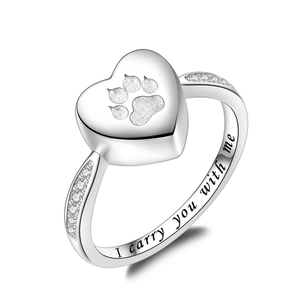 Fookduoduo 925 Sterling Silver Paw Print Urn for Ashes I Carry You with me Cremation Jewelry Dog Cat Claw Urn Finger Ring for Pet Lovers 6.5 - PawsPlanet Australia