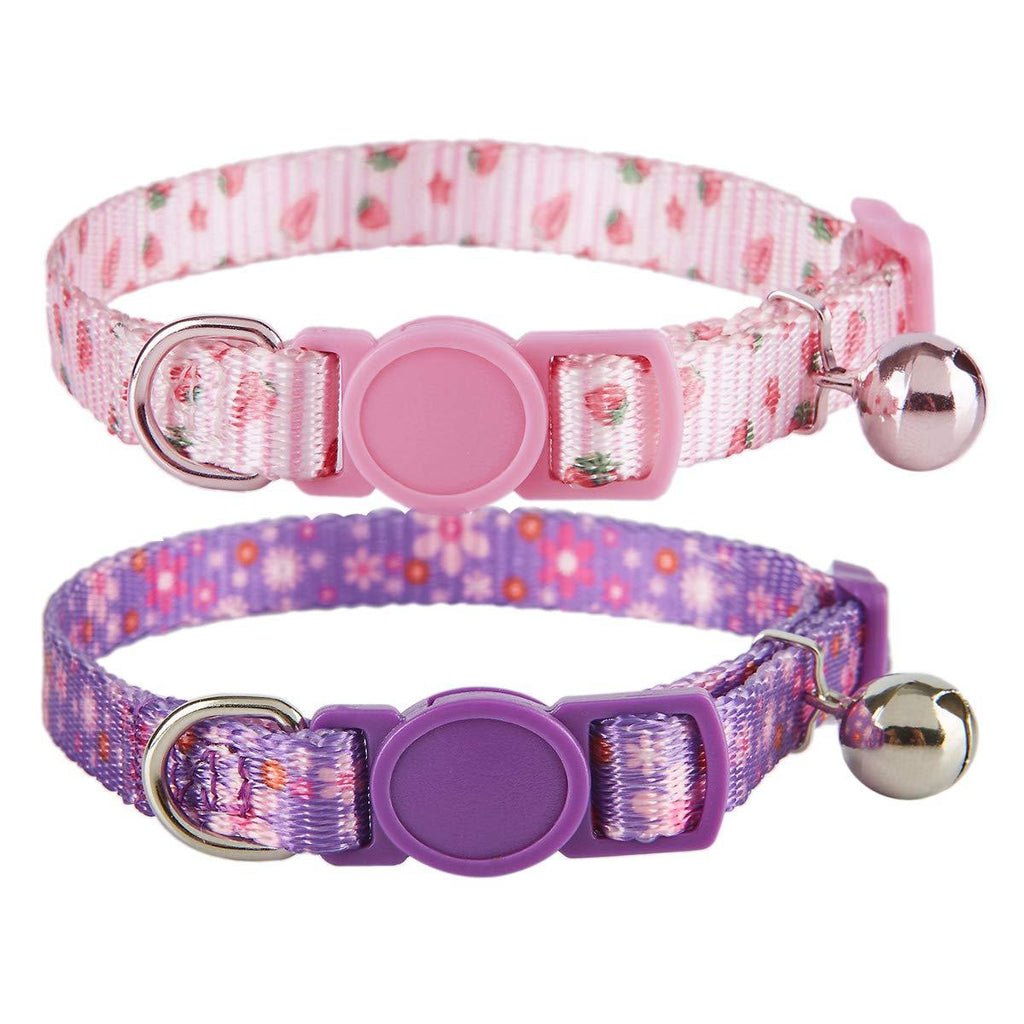 YUDOTE Breakaway Cat Collar with Bell, 2 Pack of Adjustable Cat Collars Cute Kitty Safety Collars Blue Purple Pink Kitty Collar One Size: Neck 7.5"-11.4" Floral Pink+Purple - PawsPlanet Australia