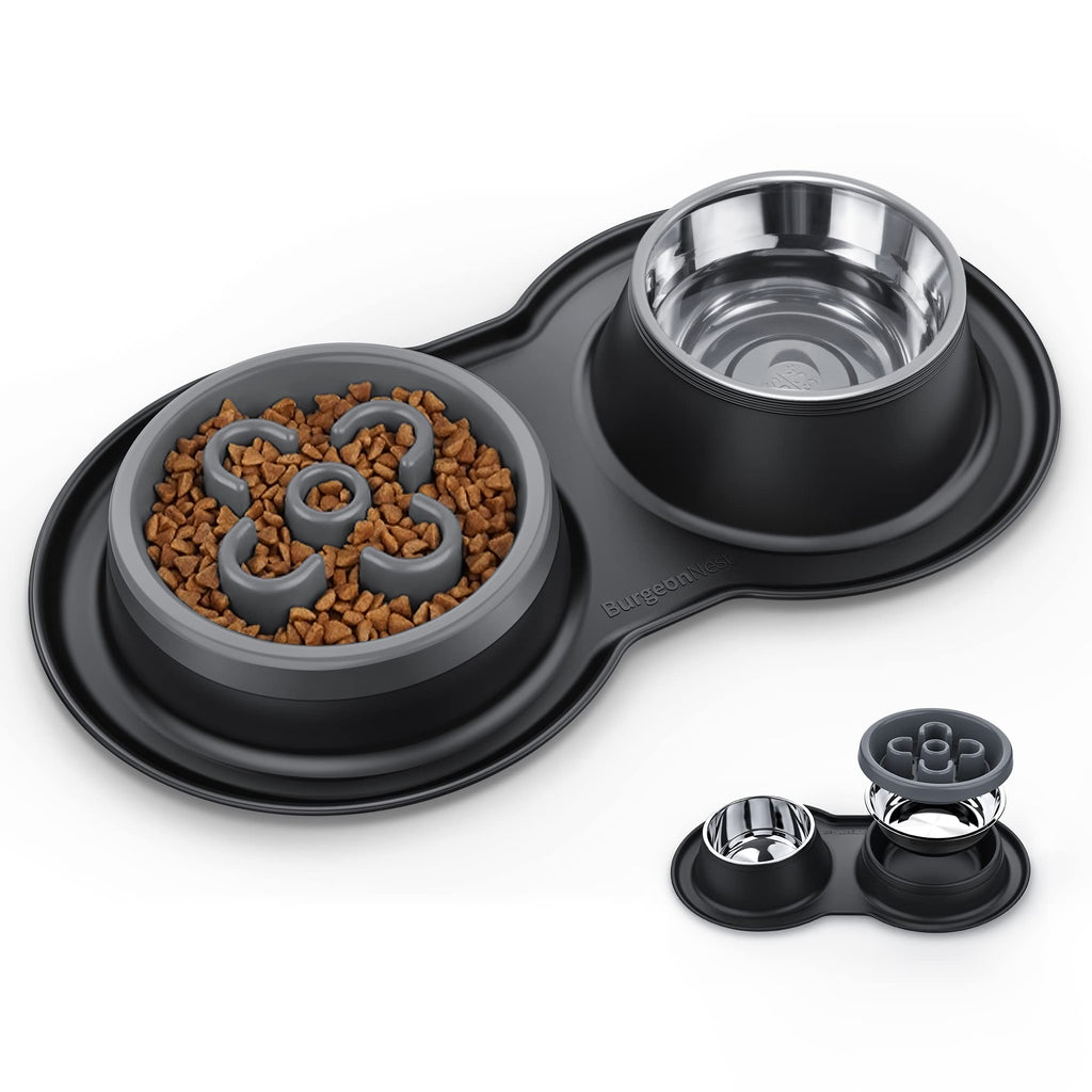 BurgeonNest Slow Feeder Dog Bowls, 27oz Stainless Steel 4-in-1 Food and Water Bowls with No-Spill Silicone Mat Bloat Stop Slow Down Eating Puzzle Bowl for Medium Small Sized Dogs Black - PawsPlanet Australia