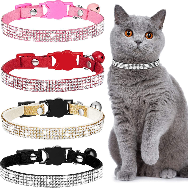 Weewooday 4 Pieces Rhinestones Cat Collars Breakaway Cat Collar with Bell Bling Pet Collars with Soft Velvet, 4 Colors XS Gold, Red, Pink, Black - PawsPlanet Australia