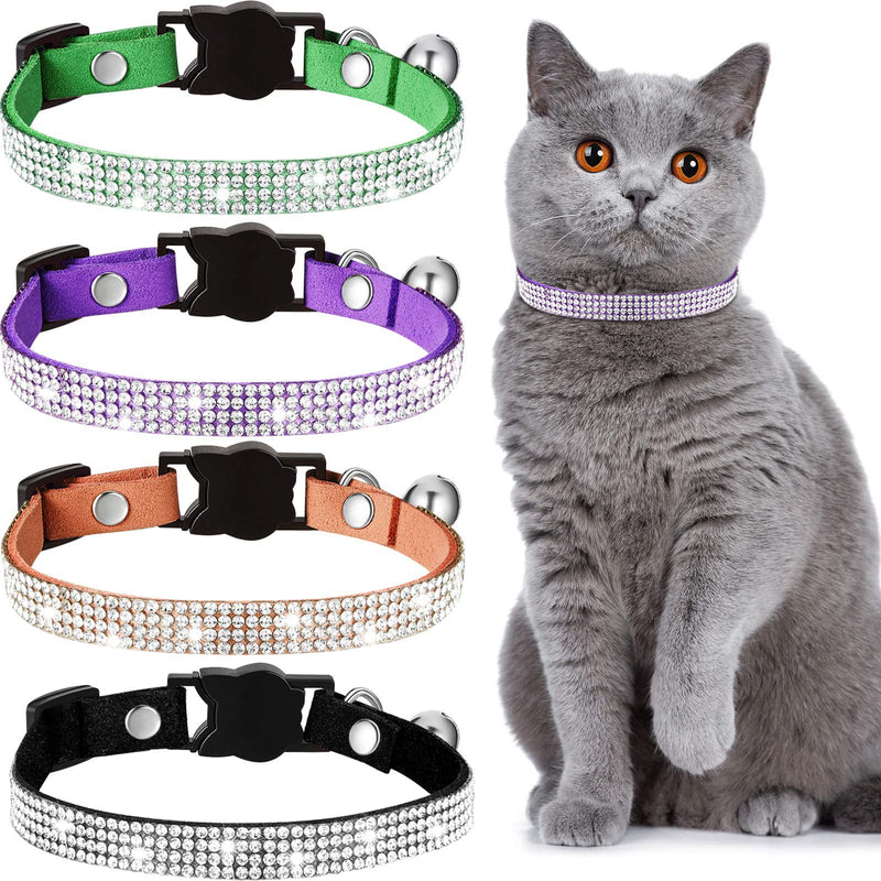 Weewooday 4 Pieces Rhinestones Cat Collars Breakaway Cat Collar with Bell Bling Pet Collars with Soft Velvet, 4 Colors XS Black, Deep Purple, Brown, Deep Green - PawsPlanet Australia