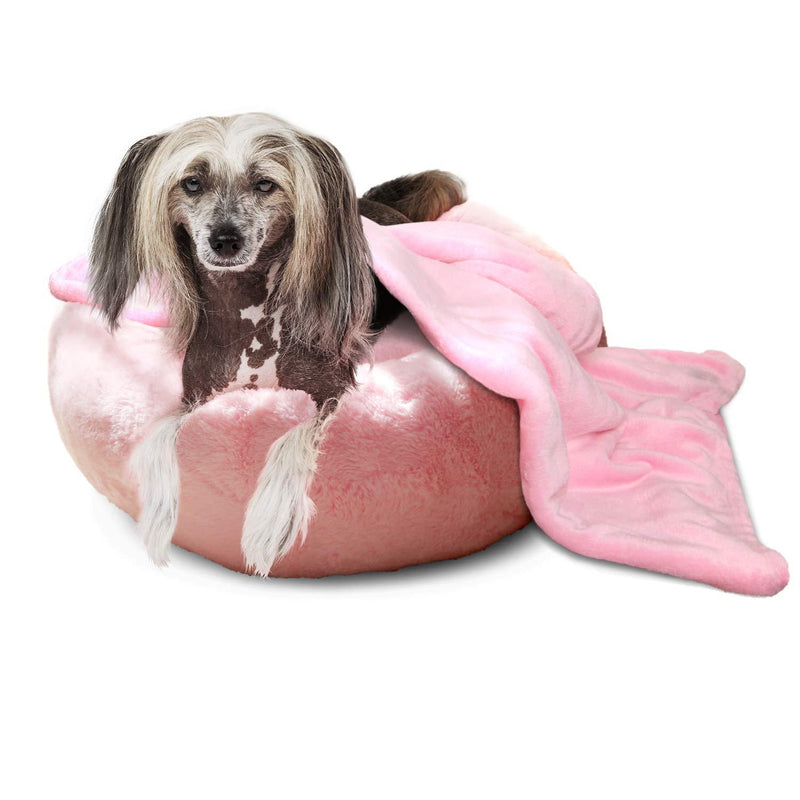 nononfish Princess Dog Bed Short Plush Burrowing Dog Bed Tempurpedic Kitten Puppy Bed Anti-Slip & Water-Resistant Bottom with Flannel Throw Blanket S-19" Baby Pink - PawsPlanet Australia