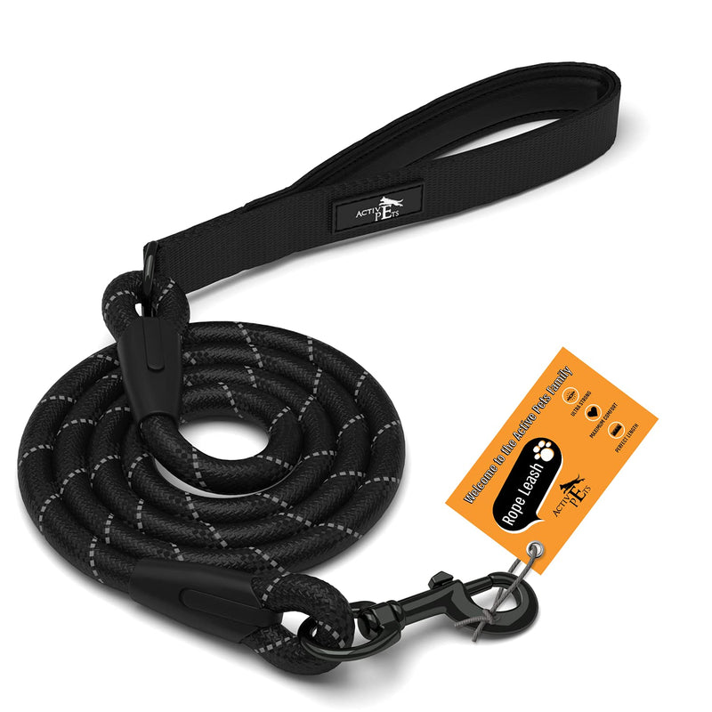 ACTIVE PETS Strong Dog Rope Leash with Soft Comfortable Padded Handle and Highly Reflective Threads, Dog Leash for Small Medium and Large Dogs, Puppy Leash for Training Running and Walking Black - PawsPlanet Australia