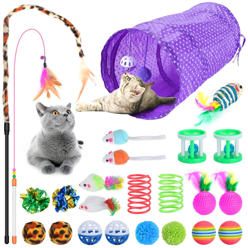 Qoosea 24PCS Cat Toys Set Interactive Kitten Toys for Indoor Cats Catnip Toy Kitten Feather Wand Cat Tunnel, Cat Springs, Mice and Bells Toys, Cat Wand Toy for Cat Kitten - PawsPlanet Australia
