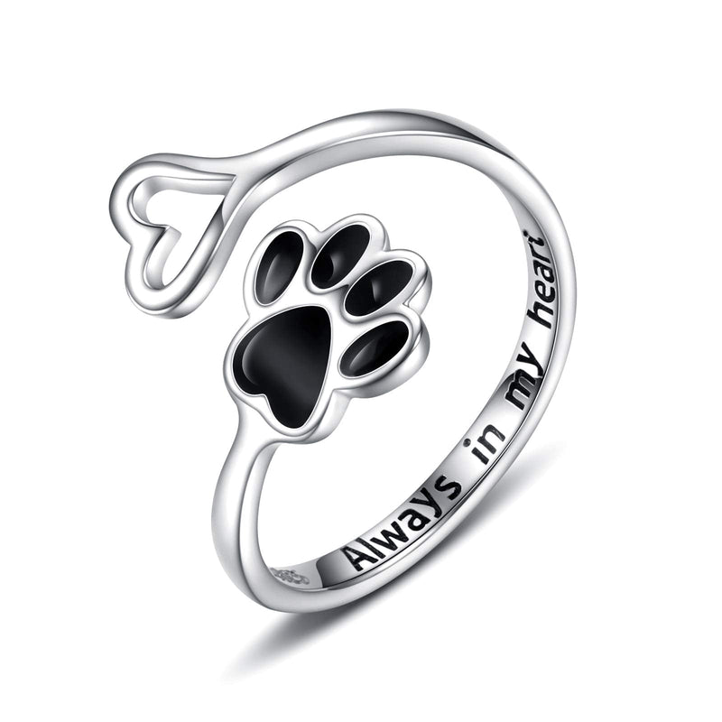 Puppy Pet Lovers Paw Print Ring Heart 925 Sterling Silver Adjustable Ring Pet Animal Jewelry Creative Pierced Love Dog Cat Claw Ring Pet Loving Friend Families Gifts Black heart paw ring - PawsPlanet Australia