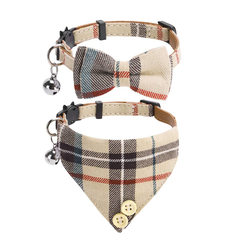 Bow Tie Cat Collar Bandana - 2 Packs Classic Plaid Check Ginham Cat Collars with Scarf and Bowtie - Adjustable Size with Bell - Perfect for Cats Puppy Small Dogs Beige Plaid - PawsPlanet Australia