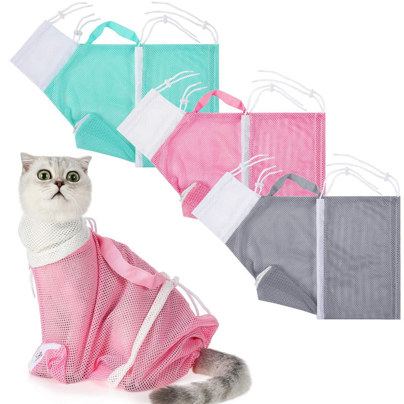 3 Pieces Cat Bathing Bag Breathable Cat Shower Net Bag Adjustable Cat Grooming Bag, Bite-Resistant and Scratch-Resistant Cat Shower Bag for Cat’s Bathing Nail Trimming (Green, Pink, Grey) Green, Pink, Grey - PawsPlanet Australia