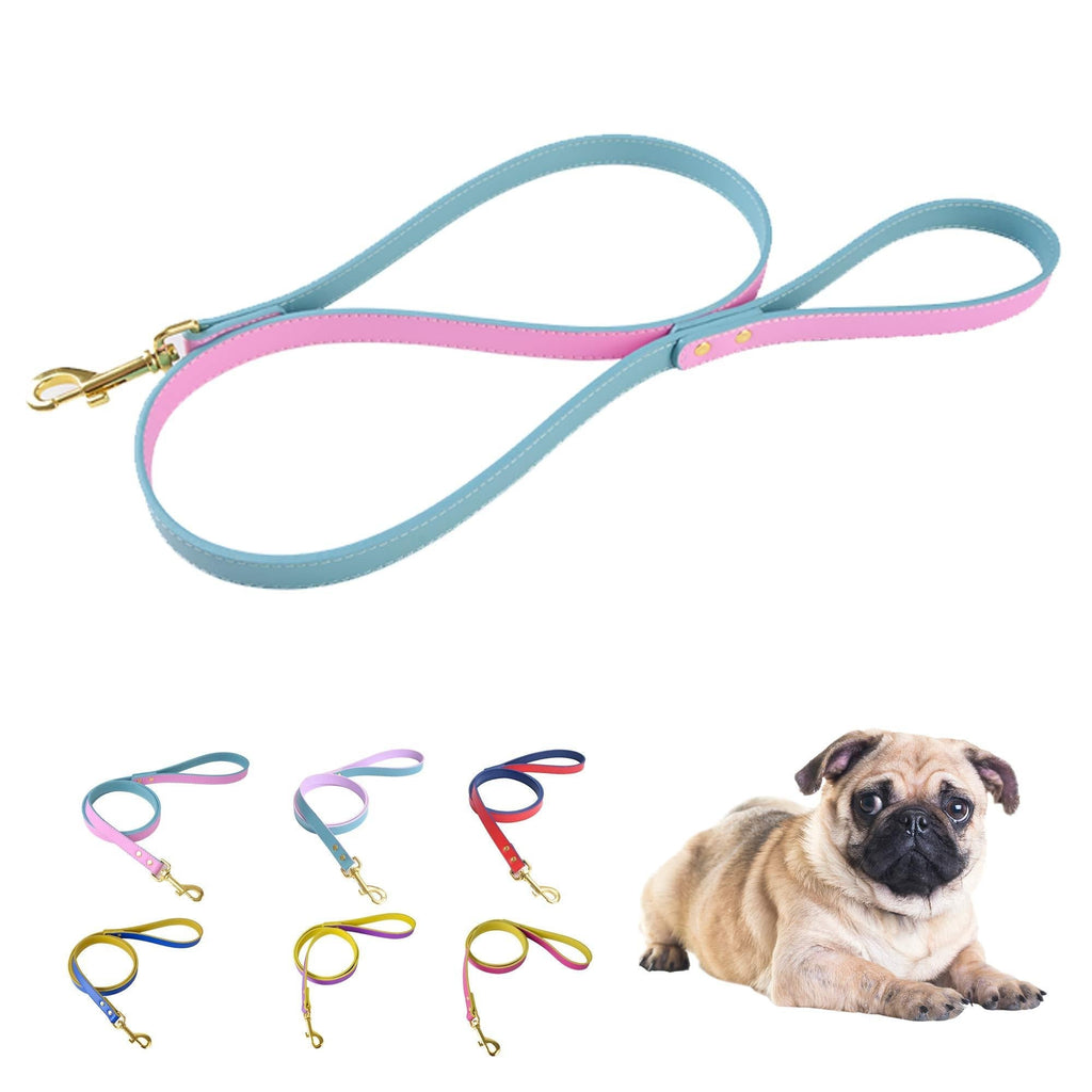 keezeg Small Dog Leash, 2-Layers Thick Genuine Leather Leash for Small Medium Large Dogs Puppy with Comfortable Padded Handle, 4ft Walking or Training Leash for Large Dogs, Blue & Pink 4 ft, 0.6" Wide - PawsPlanet Australia