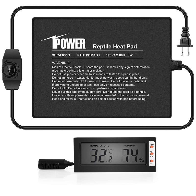 iPower Reptile Heat Mat Under Tank Warmer 4W/8W/16W/24W Terrarium Heater Heating Pad with Temperature Adjustable Controller Knob, Digital Thermometer and Hygrometerf or Amphibian, Multi Sizes 6 X 8 In Pad +Thermo &Hygro meter - PawsPlanet Australia