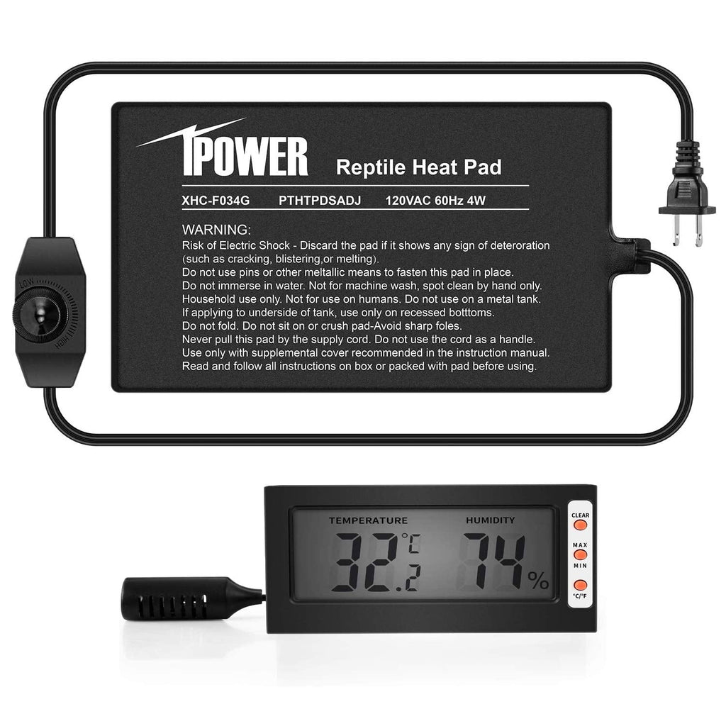 iPower 4"x7" Reptile Heat Mat Under Tank Warmer Terrarium Heater Heating Pad with Temperature Adjustable Controller, Digital Thermometer and Hygrometer with Humidity Probe for Amphibian, Pet 4 X 7 In Pad +Thermo &Hygro meter - PawsPlanet Australia