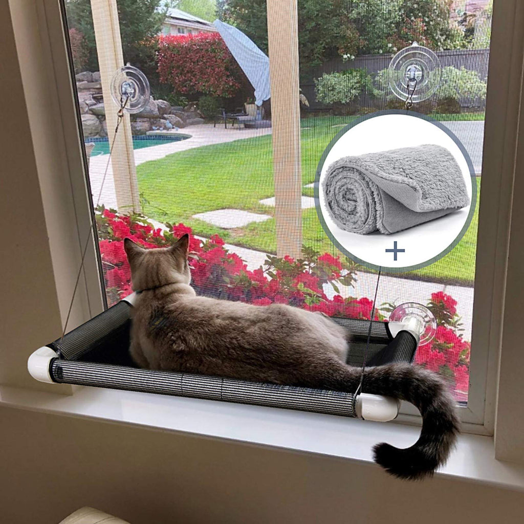 Cat Window Perch with Flannel Blanket - Space Saving Cat Hammock Bed Providing All Around 360° Sunbath, Pet Resting Seat Safety Cat Shelves - PawsPlanet Australia