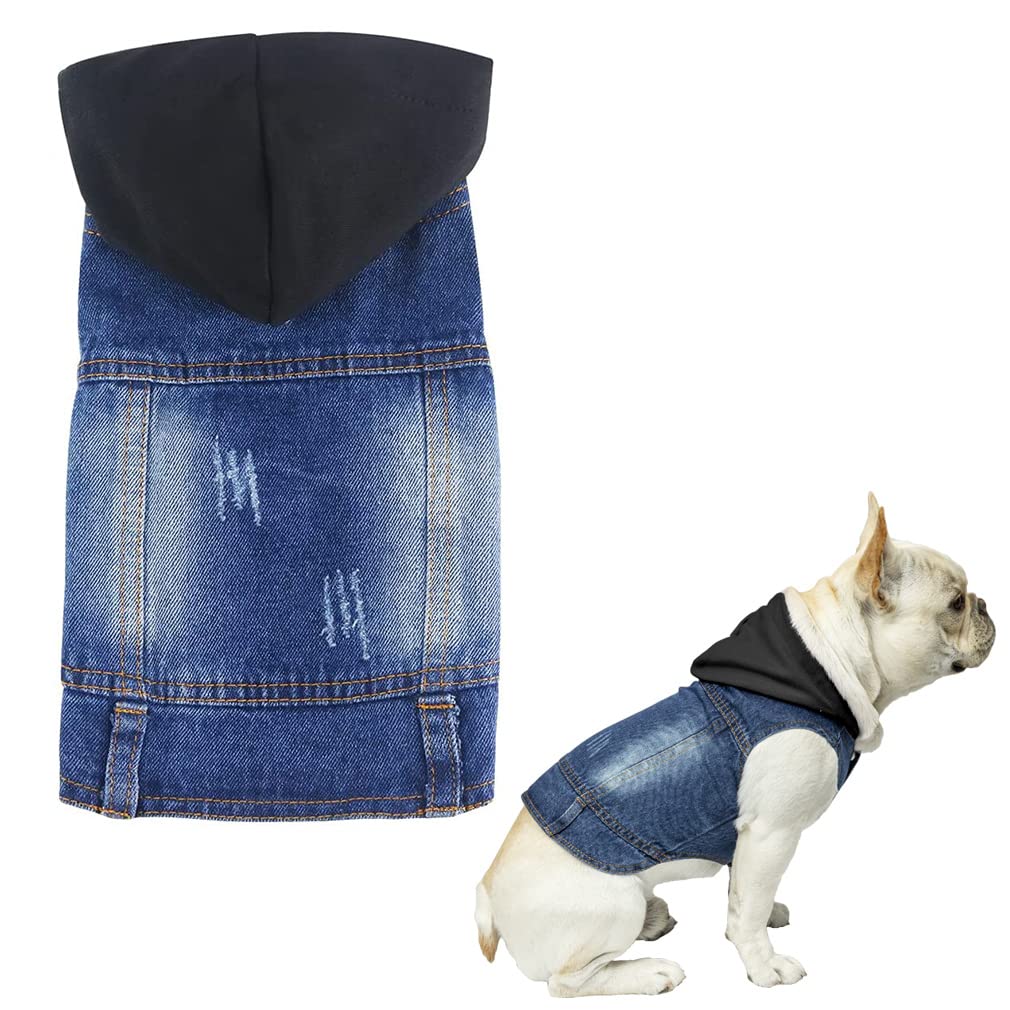 Companet Dog Denim Jacket, Dog Jeans Jacket Cool Blue Denim CoatLapel Vests Classic Puppy Blue Vintage Washed Clothes Hoodie Vest X-Small (Pack of 1) Black - PawsPlanet Australia