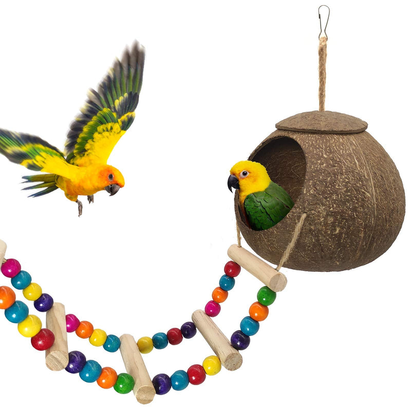 Hanging Coconut Bird House with Ladder,Natural Coconut Fiber Shell Bird Nest for Parrot Parakeet Lovebird Finch Canary,Coconut Hide Bird Swing Toys for Hamster,Bird Cage Accessories,Pet Bird Supplies - PawsPlanet Australia