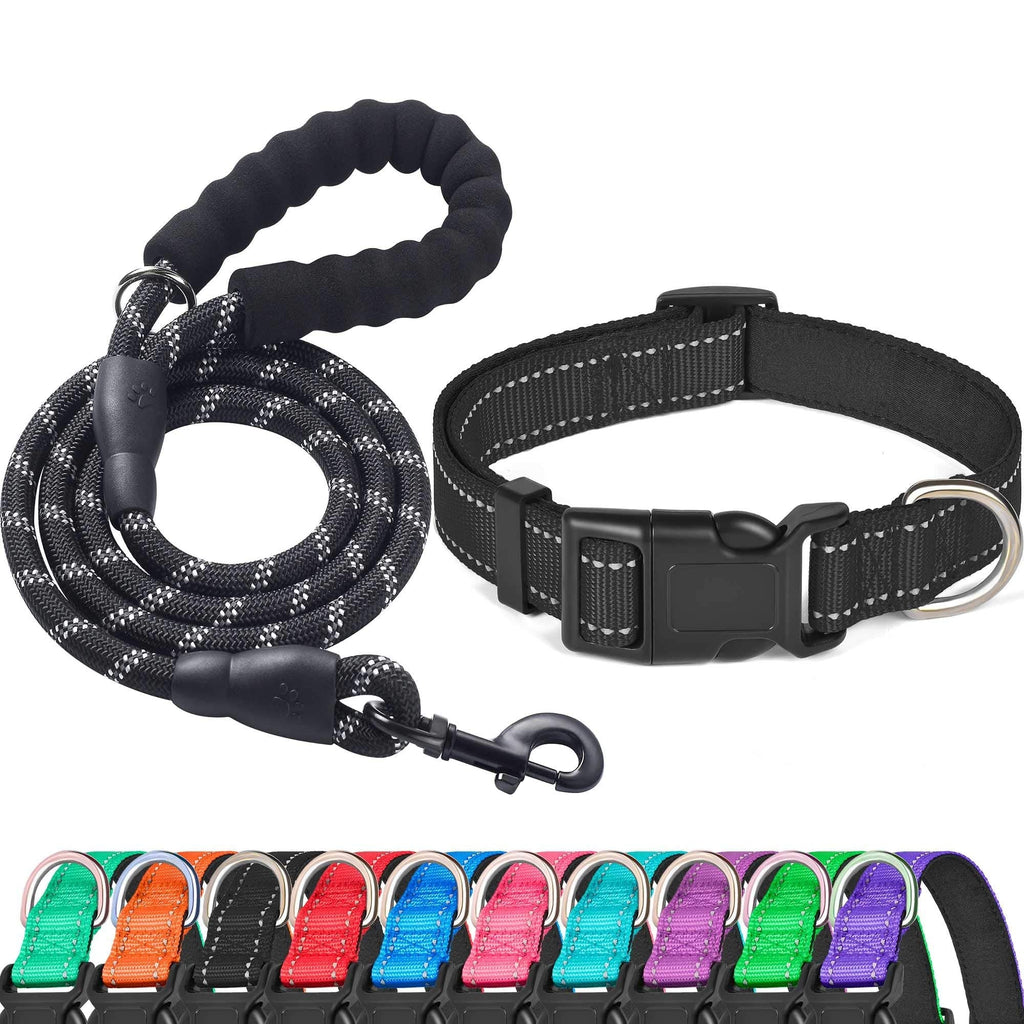Ladoogo Reflective Dog Collar Padded with Soft Neoprene Breathable Adjustable Nylon Dog Collars for Small Medium Large Dogs X-Small (Pack of 1) Black Collar+Leash - PawsPlanet Australia
