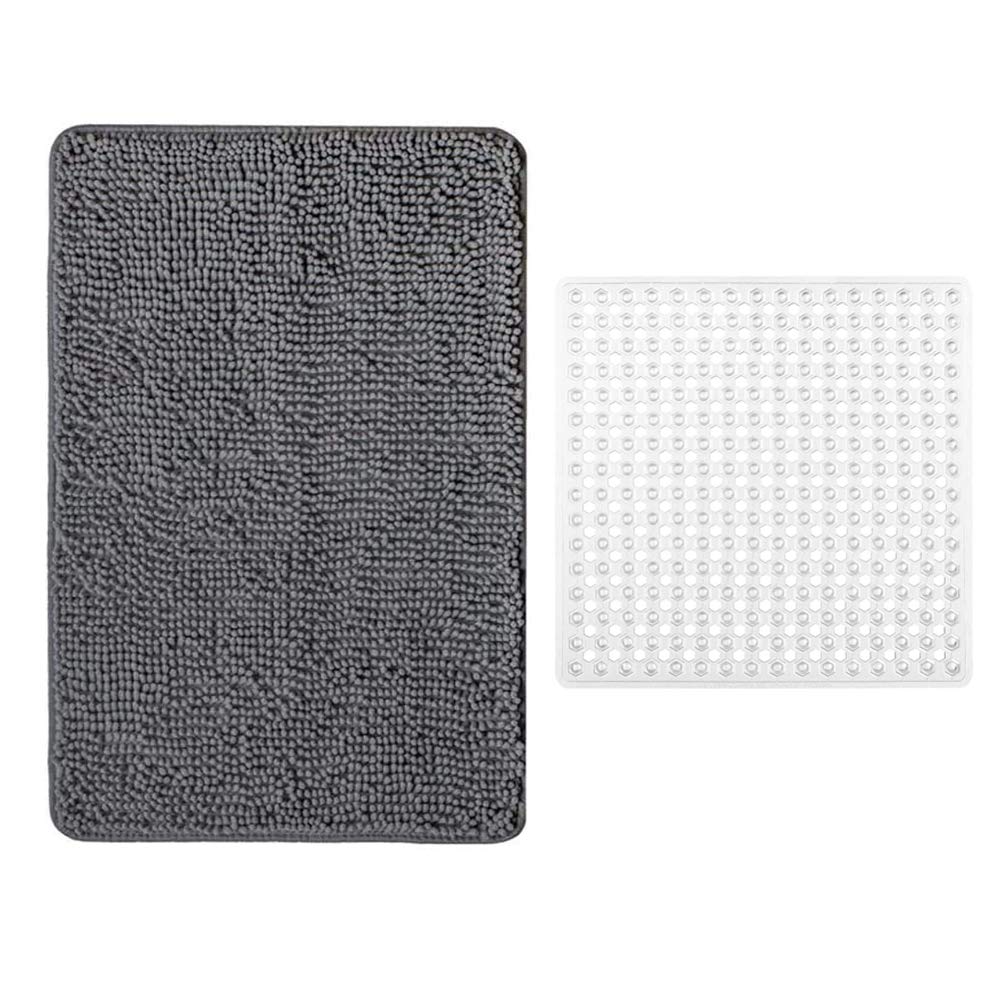 Gorilla Grip Chenille Bath Rug and Shower Stall Mat, Bath Rug Size 48x24 in Gray, Shower Mat Size 21x21 in Clear, Both Machine Washable, 2 Item Bundle - PawsPlanet Australia