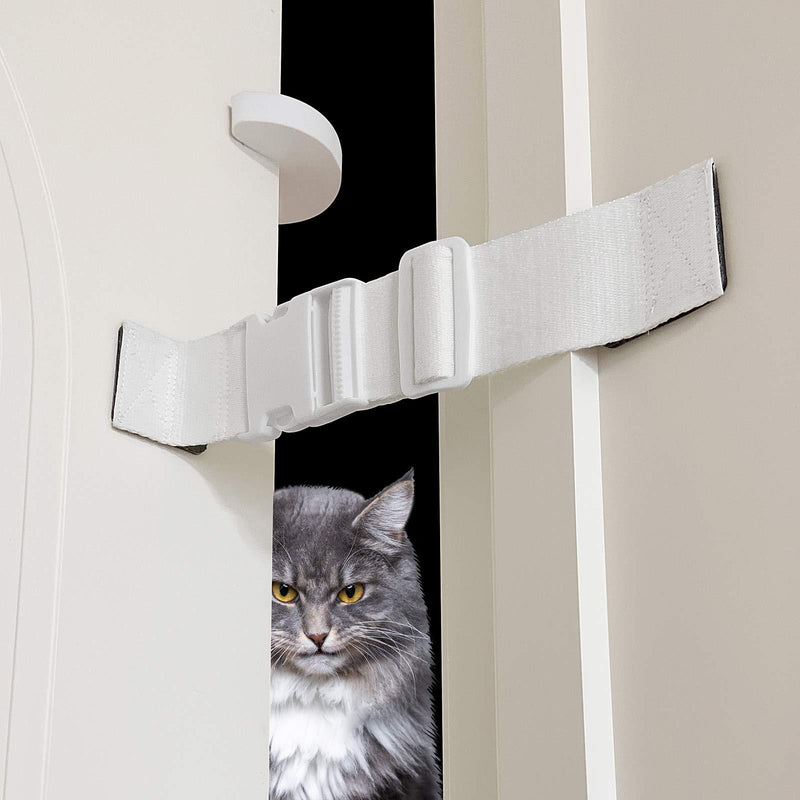 FresherAcc 2 Packs Adjustable Dog Proof Door Strap Latch Lock with Door Stopper, Reusable Cat Door Strap, Keep Dog Out of Litter Box Room and Cat Feeder, Install On Door Frame Only Without Damage White - PawsPlanet Australia