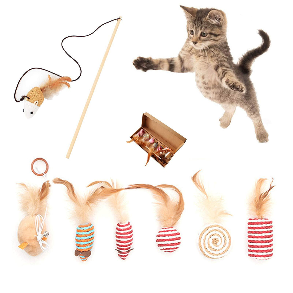 GrvKvnv Cat Feather Toy Set - Natural Wood Teaser Wand Fishing Pole Realistic with Funny Ball Rat for for Kitten Kitty Puppy Chew Bite Wagging Wiggle 7 PCS - PawsPlanet Australia