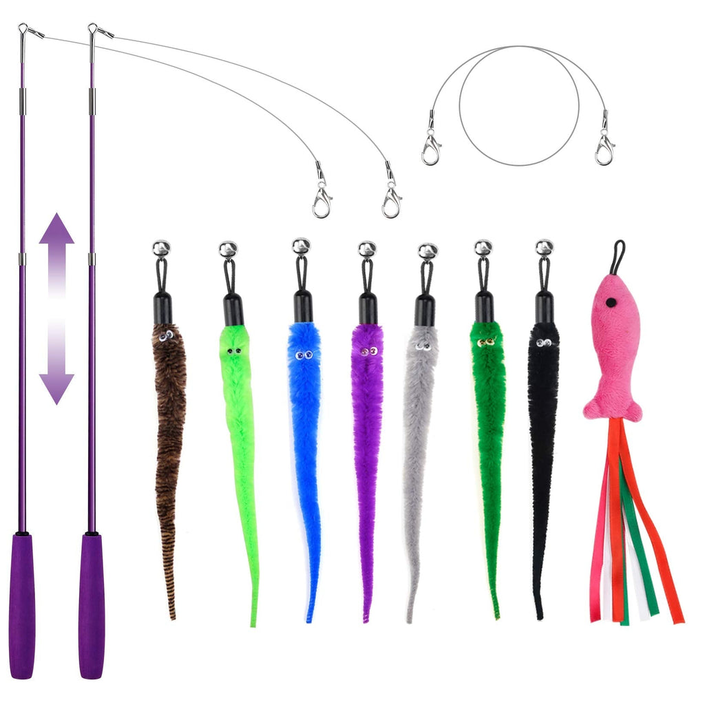 Retractable Cat Toy Wand, 11 Packs Interactive Cat Feather Toys, 7 Worms and 1 Fish Teaser Assorted Cat Teaser Refills with Bell, Include 1 Replacement Line, Fun Toy for Cat Exercise - PawsPlanet Australia