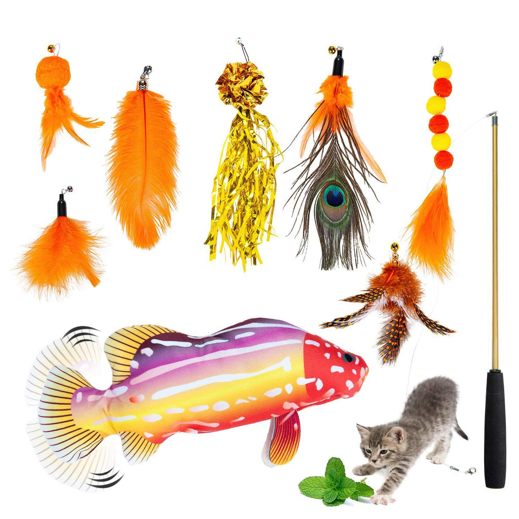 Pet Soft Feather Cat Toys 9pcs – Retractable Cat Feather Teaser Wand Toy Sets, Electric Floppity Fish Cat Toy with Catnip for Indoor Cats, Funny Interactive Cat Toys for Kitten Exercise Orange - PawsPlanet Australia