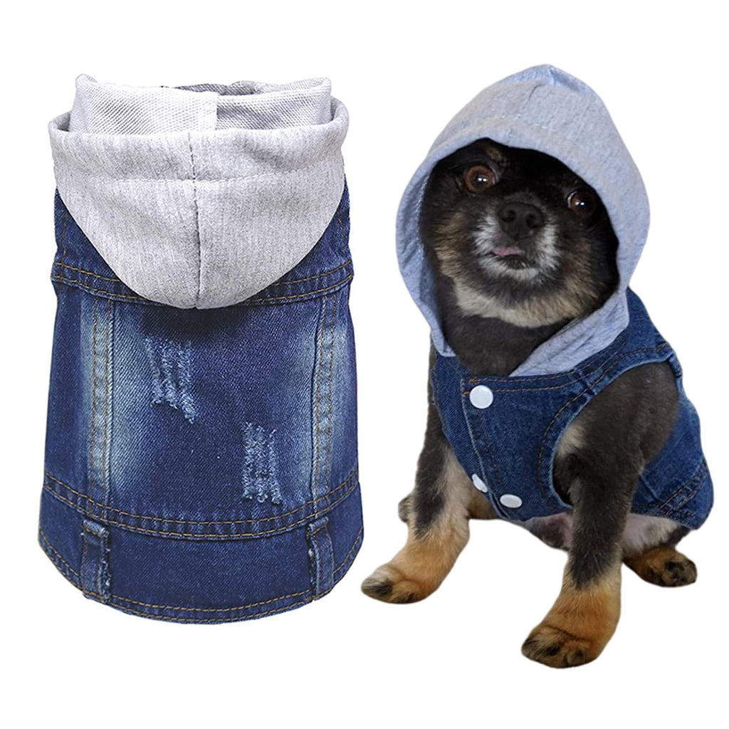 QEQRUG Dog Hoodie Denim Jeans Jacket Coat for Small Medium Dogs Vest Vintage Washed Clothes,Grey hat,XS Grey X-Small - PawsPlanet Australia