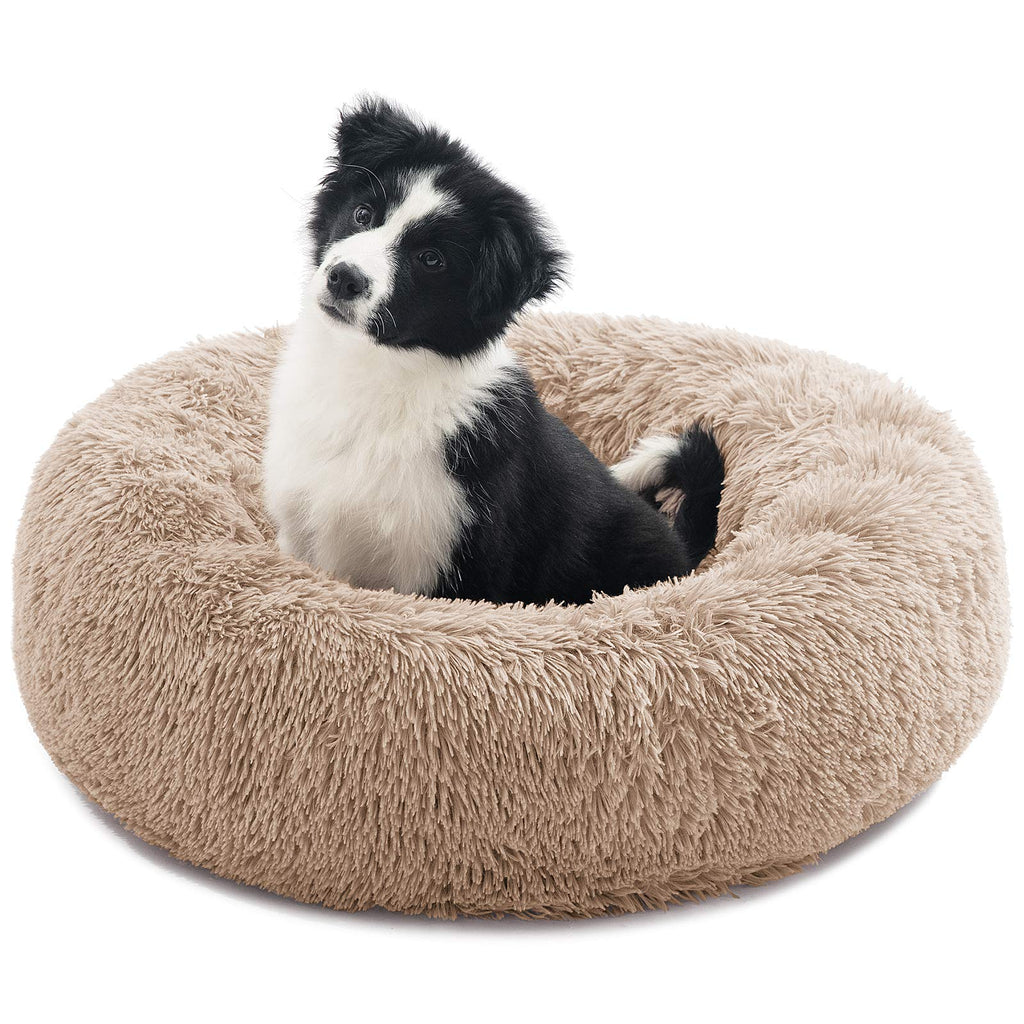 Calming Dog Bed for Small Dogs Cats Donut Dog Bed Pet Cushion Bed Plush Cat Bed Round Anti-Anxiety Dog Cuddler Bed Orthopedic Dog Bed, Machine Washable, 20inch Khaki. S (20''X20'') - PawsPlanet Australia
