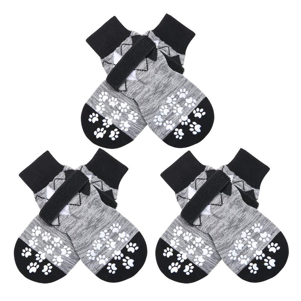 PUPTECK Double-Side Anti-Slip Dog Socks - 6 Pack Strong Traction Control for Indoor on Hardwood Floor with Adjustable Straps and Classic Rhombus Plaid Pattern, Puppy Pet Paw Protection S: length 5.9" foot width 2.15" Grey - PawsPlanet Australia