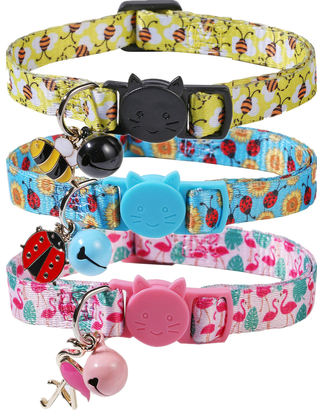 BoomBone Cat Collar Breakaway with Bell and Cute Animal Pendants, 3 Pack Bee Flamingo Beetle Spring Kitten Collar - PawsPlanet Australia