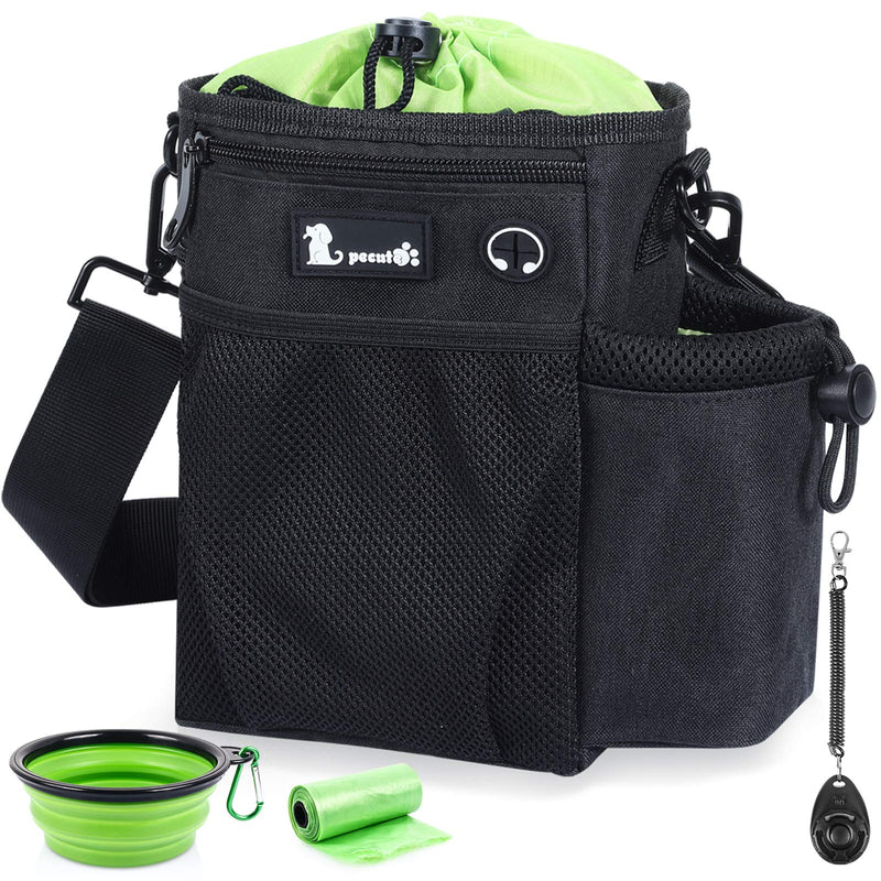Pecute Dog Treat Pouch, Hands-Free Dog Training Bag with Shoulder Strap Waist Belt Metal Clip and Foldable Bowl, Built-in Poop Bag Dispenser, 3 Ways to Wear Suitable for Training Walking Black + Green - PawsPlanet Australia