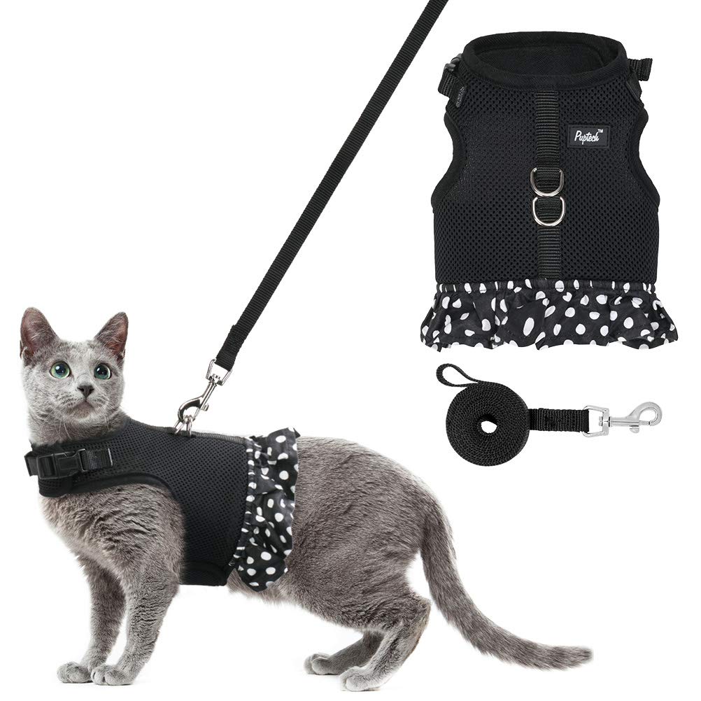 PUPTECK Cat Harness Dress and Leash - Escape Proof Adjustable Cat Vest Harness, Soft and Breathable for Walking Outdoor, Harness for Puppy, Small Dog, Cat M:neck girth 9-11",chest girth 12-14" Black - PawsPlanet Australia
