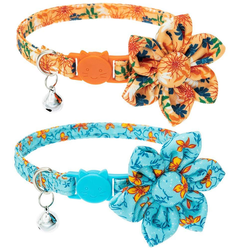 BINGPET Floral Breakaway Cat Collar with Bells, 2 Pack Adjustable Soft Pet Kitten Collars with Adorable Flower Patterns and Detachable Flower Accessories for Cats Kitties Orange - PawsPlanet Australia