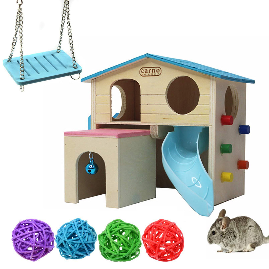 kathson Pet Small Animal Hideouts Drawf Hamster House Wooden Two Layers Huts with Funny Climbing Ladder Slide Play Swing Toys Rattan Chews for Mouse Syrian Hamster Blue - PawsPlanet Australia