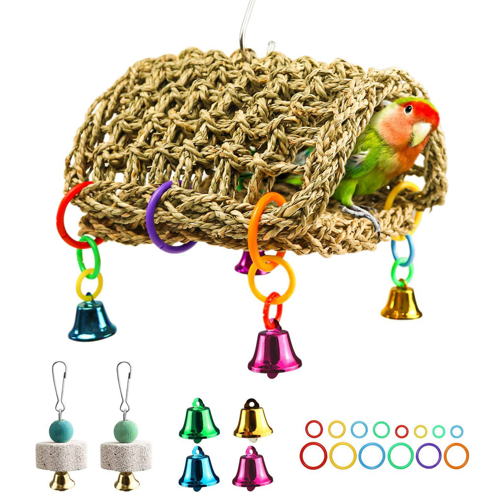 Bird Seagrass Hammock DIY Toys,Parrot Nest House Shed Hut Hanging Hammock Cage Tent Parakeet Perch Stand Climb Ladder Cage Toys for Conure Lovebird Budgie Cockatiel Finch Cockatoo H01 - PawsPlanet Australia