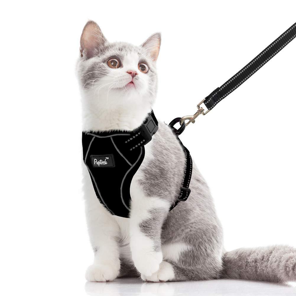 PUPTECK Reflective Cat Harness and Leash Set for Small and Medium Kitties Kitten Outdoor, Escape Proof Easily Adjustable, Soft and Comfortable S-Neck girth:8-10in Chest girth:10-14in Black - PawsPlanet Australia