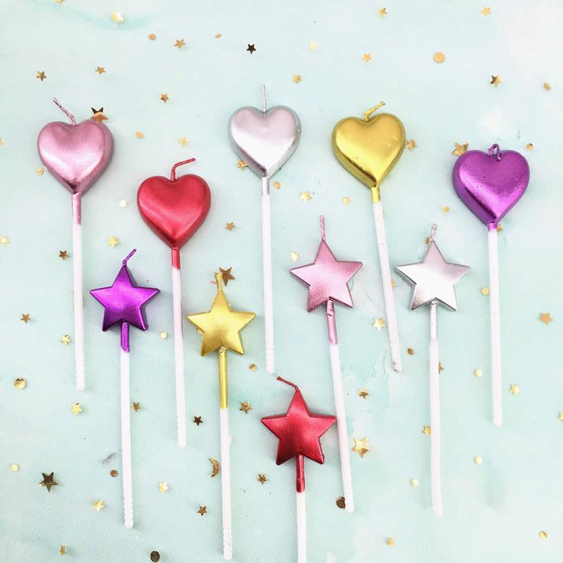 Kacat 10 Cute Heart Shaped and Star Birthday Candles Multi-Color Cake Candle Toppers for Party Wedding Cake Decoration Supplies (Heart Style+Star Style) (Heart +Star 10) Heart +Star 10 - PawsPlanet Australia