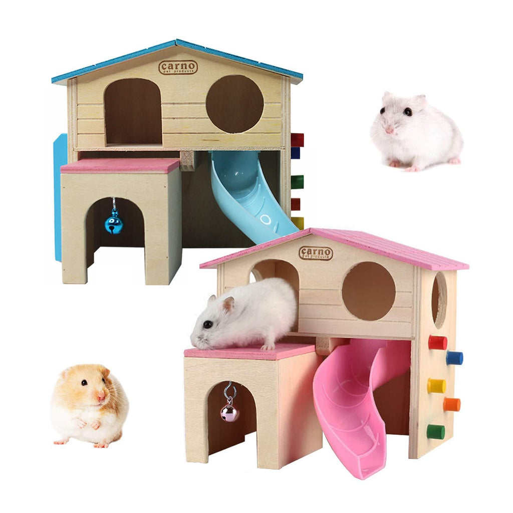 kathson Pet Small Animal Hideout Hamster House with Funny Climbing Ladder Slide Wooden Hut Play Toys Chews for Small Animals Like Dwarf Hamster and Mouse 1 pcs Blue+1 pcs Pink - PawsPlanet Australia