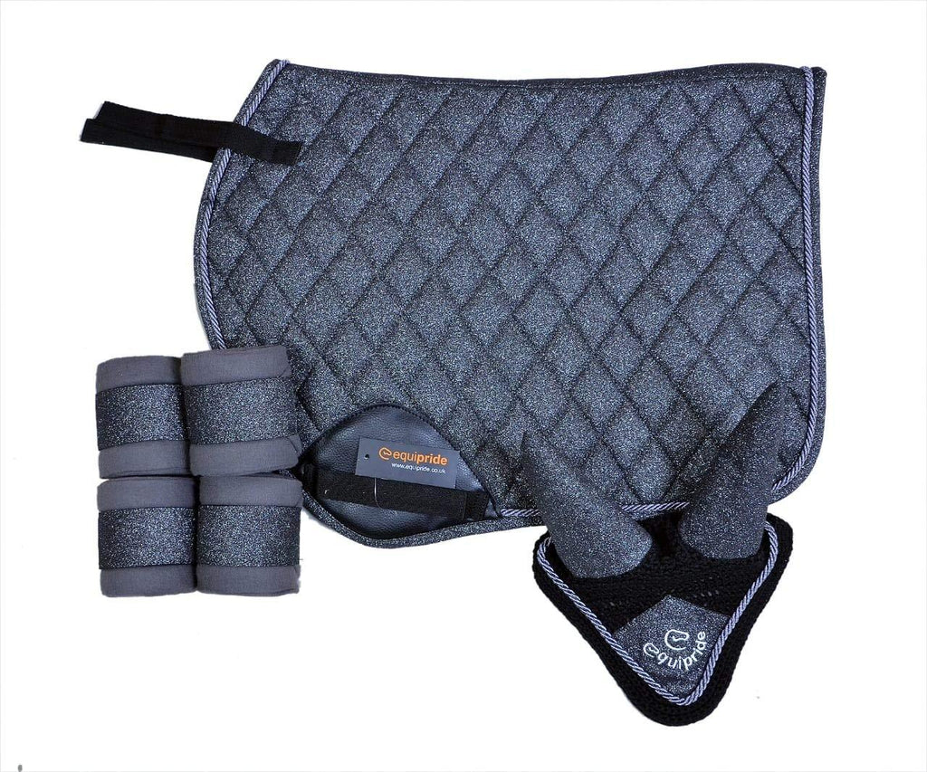 Equipride GP SADDLE PAD SHIMMER WITH MATCHING FLY VEIL & BANDAGES SPARKLE GLITTER FABRIC GREY (Full/Cob) Full/Cob - PawsPlanet Australia